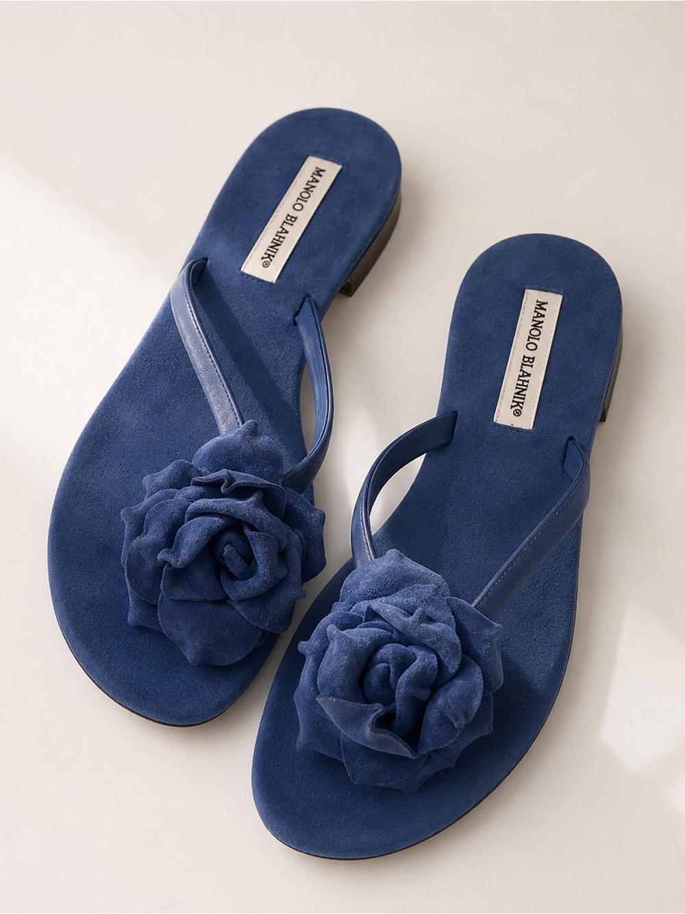 Manolo Blahnik Patricia Blue Suede Rosette Thong Slides | EU 39/8